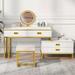 Everly Quinn Birley Vanity Wood/Metal in Brown/White/Yellow | 30.7 H x 47 W x 19 D in | Wayfair BCAA9870094145EBAA28F49DFBE10AE3