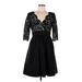 Eliza J Cocktail Dress - Party V Neck 3/4 sleeves: Black Print Dresses - Women's Size 8