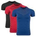 Confezione da 3 magliette da palestra da uomo per fitness, t-shirt sportive girocollo a maniche corte, casual, per la palestra quotidiana, ad asciugatura rapida, traspiranti, morbide, a blocchi di colore, nero rosso blu nero grigio, abbigliamento sportivo