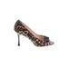 Manolo Blahnik Heels: Slip On Stilleto Cocktail Party Brown Animal Print Shoes - Women's Size 38 - Peep Toe - Animal Print Wash
