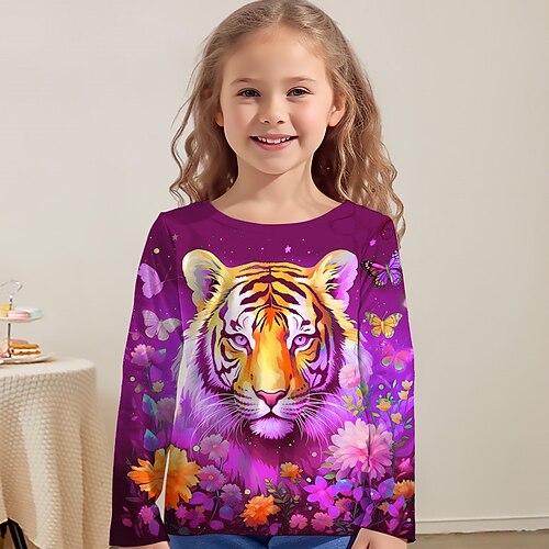 Mädchen 3D Graphic Tier Tiger T-Shirt Langarm 3D-Druck Herbst Winter Aktiv Modisch Kuschelig kinderkleidung 3-12 Jahre Outdoor Casual Täglich Regular Fit Image