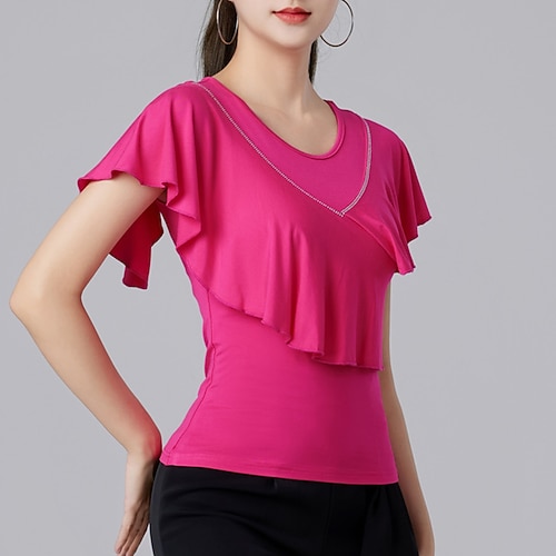 Latein-Tanz Für den Ballsaal oben Pure Farbe Farbaufsatz Kristalle / Strass Damen Leistung Ausbildung Kurzarm Hoch Hauptstadt Image