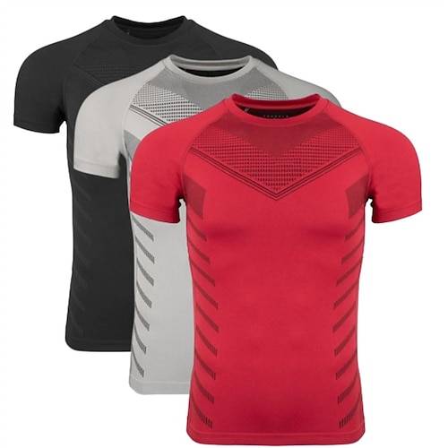 Herren Fitnessshirt Fitness-Tops Sport-T-Shirt Rundhalsausschnitt Kurzarm Sport Alltagstauglich Fitnessstudio Schnelltrocknend Atmungsaktiv Weich 3 Packungen Farbblock Schwarz Rot Blau Schwarz Image
