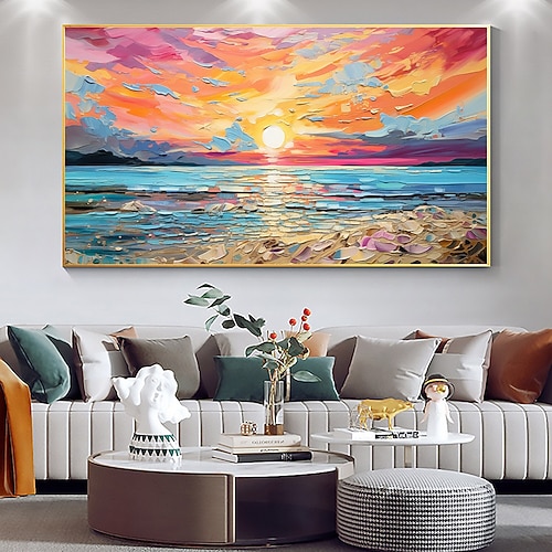 Ölgemälde, handgemalt, impressionistisches Ölgemälde am Meer, Sonnenuntergang auf Leinwand, modernes Meeresgemälde, abstraktes, farbenfrohes Landschaftsgemälde, Wandkunst, Gemälde für Wohnzimmer, Image