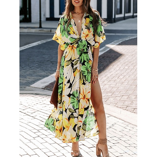 Damen kleid lang Casual kleid Schaukelkleid A Linie Kleid Sommerkleid Strassenmode A-Linie Urlaub Strasse Festtage Regular Fit Blumen Kurzarm V Ausschnitt Gelb Rote Blau Orange Sommer Image
