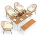 Dextrus 6 Pieces Outdoor Patio Dining Set with 4 Rattan Wicker Dining Chair & Bench & Rectangle Table with Umbrella Hole Sectional Conversation Set for 6-8 People