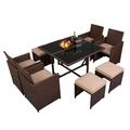 SYTHERS 9 Pieces Outdoor Patio Furniture Set Rattan Wicker Conversation Sets with Ottomans & Glass Table & Comforty Soft Cushion for Lawn Garden Backyard Balcony Brown