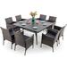 & William Outdoor Patio 7 Pieces Dining Set with 6 PE Rattan Chairs and 1 Rectangle Expandable Metal Table Modern Outdoor Furniture with Seat Cushions for Poolside Porch Patio Bal