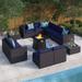 8 Pieces Patio Furniture Set with 45 Plate Embossing Propane Fire Table Outdoor PE Rattan Sectional Sofa Set Patio Gas Fire Pit Conversation Set with Blue Cushions & Glass Table