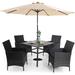 & William Outdoor 6 Pieces Dining Set with 4 Rattan Chairs 1 Metal Table and 1 10ft 3 Tier Auto-tilt Umbrella(No Base) Orange Red Modern Patio Furniture for Poolside Porch Patio