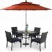 & William Outdoor 6 Pieces Dining Set with 4 Rattan Chairs 1 Metal Table and 1 10ft 3 Tier Auto-tilt Umbrella(No Base) Orange Red Modern Patio Furniture for Poolside Porch Patio