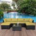 Pieces Outdoor PE Wicker Furniture Set Patio Rattan Sectional Conversation Sofa Set with Navy Blue Cushions and Glass Top Table