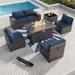 8PCS Outdoor Patio Furniture Set with 43 55000BTU Gas Propane Fire Pit Table PE Wicker Rattan Sectional Sofa Patio Conversation Sets Navy Blue
