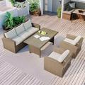 4-Piece Outdoor Patio Furniture Weather PE Rattan Conversation Sectional Sofa Dining Set with Grey Cushions for Backyard Porch Poolside Beige