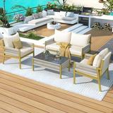 Outdoor Patio Sofa Patio Furniture Sets Rope Sofa Furniture with Tempered Glass Table Patio Conversation Set Deep Seating with Thick Cushion for Backyard Porch Balcony Beige