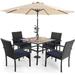 & William Outdoor 6 Pieces Dining Set with 4 Rattan Chairs 1 Wood-Like Metal Table and 1 10ft 3 Tier Auto-tilt Umbrella(No Base) Red Modern Patio Furniture for Poolside Porch Pati