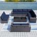 Outdoor Patio Furniture Set 6 Pieces Sectional Rattan Sofa Set Brown PE Rattan Wicker Patio Conversation Set with 5 Navy Blue Seat Cushions and 1 Tempered Glass Table