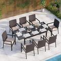 Outdoor Patio Dining Set 9 PCS Patio Furniture Set with Extendable Metal Table and 8 Rattan Wicker Chairs Beige Cushion