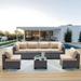 Outdoor Patio Furniture Set 6 Pieces Sectional Rattan Sofa Set Brown PE Rattan Wicker Patio Conversation Set with 5 Navy Blue Seat Cushions and 1 Tempered Glass Table