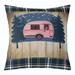 YST Kids Camping Throw Pillow Cover Pink Camper Car Cushion Cover Rustic Brown Wooden Board Pillow Cover Travel Adventure Buffalo Grid Soft Decorative Pillow Cover 20x20 Inch