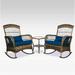 3 Pieces Patio Conversation Set w/ 2 Rattan Wicker Rocking Chairs and Glass Table for Garden Backyard Lown Porch (Green)