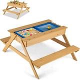 Kids Picnic Table 3 in 1 Convertible Sand & Water Table with 2 Storage Boxes & Removable Tabletop Wooden Outdoor Table and Bench Set for Backyard Kids Activity Play Table Natural