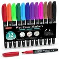 Shuttle Art Wet Erase Markers 12 Colors 1mm Fine Tip Smudge-Free Markers Use on Laminated Calendars Overhead Projectors Schedules Whiteboards Transparencies Glass Wipe with Water