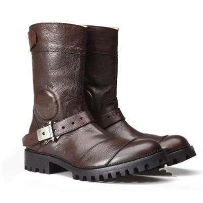 Men's Brown Faux Leather Motorcycle Boots with Buckle Straps – Rugged Mid-Calf Boots for Biker and Outdoor Wear