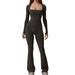 BLVB Long Sleeve Jumpsuits for Women Square Neck Wide Leg Full Length Romper One Piece Slim Fitted Playsuit S-XXL