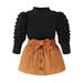 Suanret Toddler Kids Girls Tops Skirt Sets Long Sleeve Turtleneck T-shirt Skirt with Belt Fall Outfits Black 3-4 Years