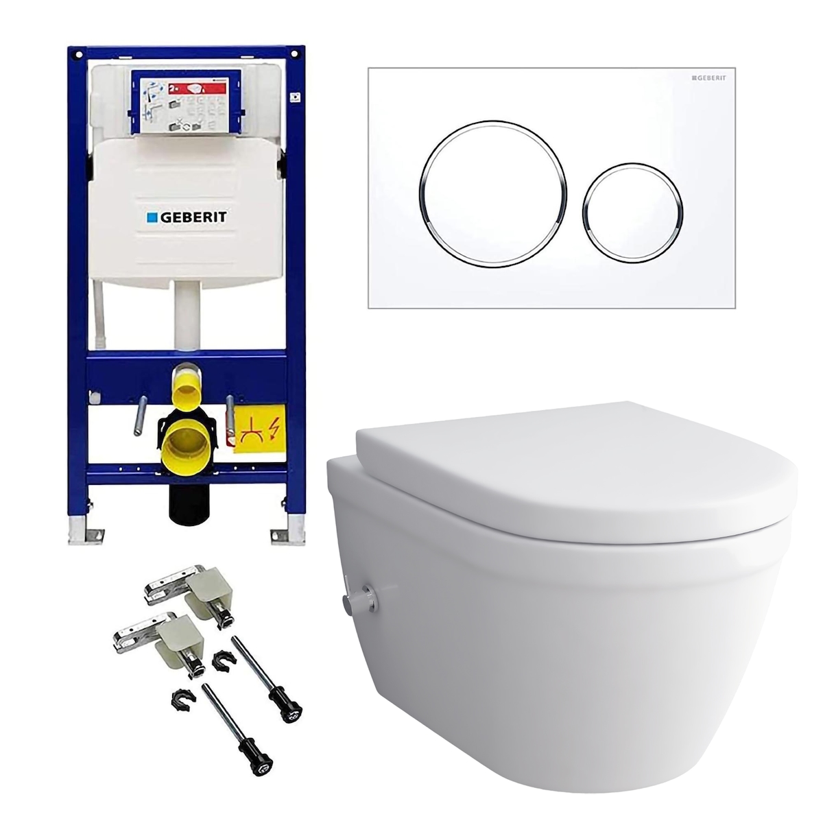 Alpenberger Hänge WC Komplettset mit Geberit Spülkasten Drückerplatte und Bausatz | Spülrandlose Dusch Toilette mit Armatur| Wand WC Vorwandelement WC Image