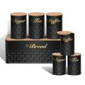 Kitchen Academy Kitchen Storage Canister Sets of 7 Pcs, Bread Bin, Tea Coffee Sugar Canisters, Food Container Set with Bamboo Lid, Black