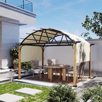 12 ft. x 12 ft. Wood Grain Aluminum Outdoor Pergola with Arched Canopy and Beige Retractable Shade