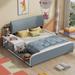 Full Upholstered Platform Bed with Storage Nightstand & Guardrail, Solid Wood Bed Frame for Bedroom, No Box Spring Needed, Grey