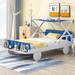 Twin Car-Shaped Bed with Ceiling Cloth, Wooden Platform Bed Frame with Headboard & Footboard for Kids, Boys & Girls, White+Blue