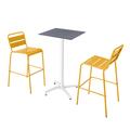 Ensemble table haute stratifié ardoise gris et 2 chaises hautes jaune