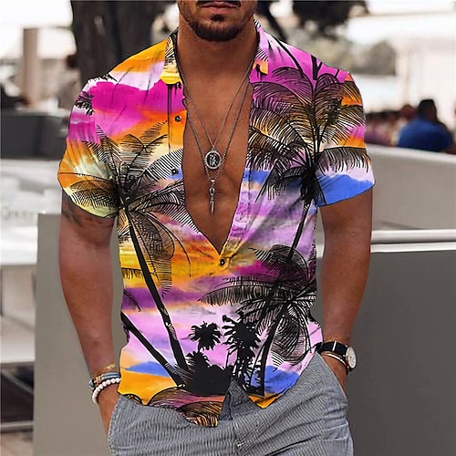 Graphic Leaves Herren Resort Hawaiian 3D Printed Shirt Button Up Kurzarm Sommer Strand Aloha Shirt Urlaub Täglich Tragen S bis 3XL Image