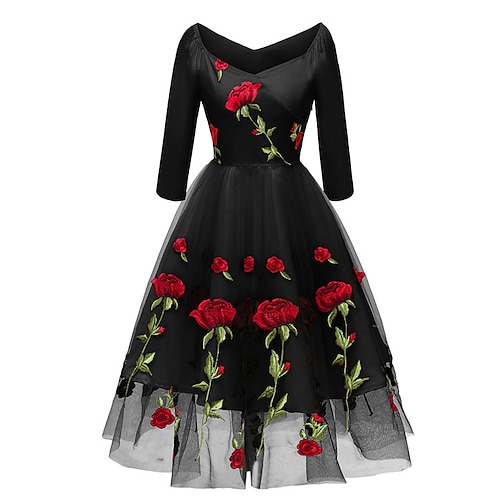 1950er Cocktailkleid Vintage-Kleid Kleid Ausgestelltes Kleid Blume / Blumenmuster Kostüm Damen Maskerade Party / Abend Junggesellinnenabschiedsparty Erwachsene Kleid Abschlussballkleider Image
