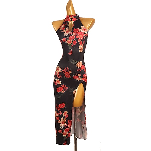 Lateinamerikanischer Tanz Kleid Spleißen Damen Training Ärmellos Hoch Spandex Eis-Seide Image