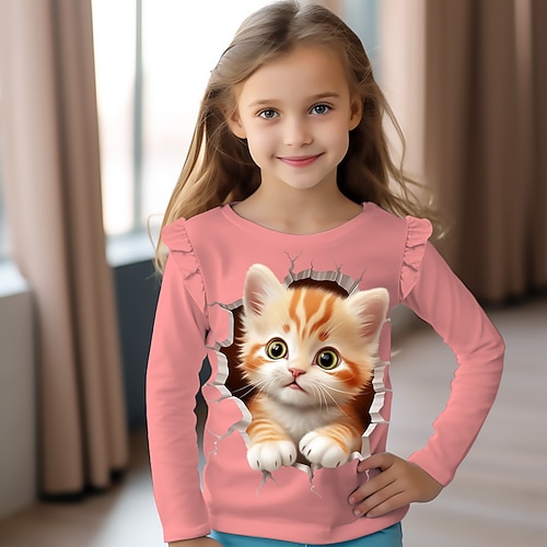 Mädchen 3D Karikatur Katze Rüschen-T-Shirt Rosa Langarm 3D-Druck Frühling Herbst Aktiv Modisch Kuschelig kinderkleidung 3-12 Jahre Rundhalsausschnitt Outdoor Casual Täglich Regular Fit Image