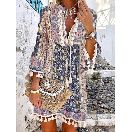 Per donna Mini abito Abito casual Abito Boho a maniche lunghe Abito estivo Abito boho Boemia Etnico Da mare Per eventi Morbido Floreale Fantasia geometrica Color Block Collo diviso Bianco Rosso Blu