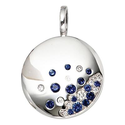 Runder Anhänger JOBO "Anhänger rund", weiß (weißgold 585), Schmuckanhänger, Damen, SI = kleine Einschlüsse, Weißgold 585-Diamanten, Weißgold 585, Diamanten, 585 Weißgold mit 10 Diamanten und Safir Image
