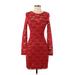 Express Cocktail Dress - Sheath Crew Neck Long sleeves: Red Solid Dresses - Women's Size Small