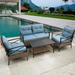 Outdoor 4pc Sectional Sofas Set, Rattan Frame Loveseat, Chair & Teble, Conversation Sofa Sets with Blue Cushions and Steel Frame