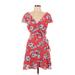 As U Wish Casual Dress - Mini Plunge Short sleeves: Red Floral Dresses - Women's Size Large