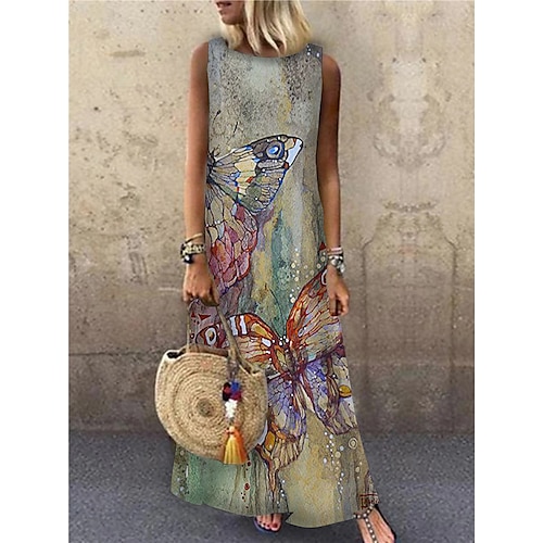 Abito Maxi da donna Abito estivo Abito a trapezio Abito estivo Casual Vacanza Festa Casual Vestibilità ampia Stampa animale Senza maniche Collo rotondo Giallo chiaro Blu chiaro Giallo Rosso Estate