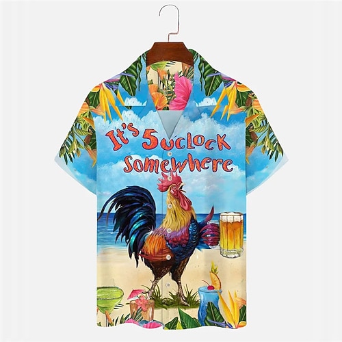 Herren Buchstabe Hühnchen Strand Hemd Sommer Hawaiihemd Alohahemd Kurzarm Hemd Umlegekragen Tropisch Mode Hawaiianisch Lässig Hawaiianisch Ferien Blau S M L Image