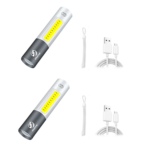 2 Packungen Mini-LED-Taschenlampe, USB, wiederaufladbar, 3 Beleuchtungsmodi, wasserdichte Taschenlampe, Teleskop-Zoom, stilvoller tragbarer Anzug für Nachtbeleuchtung Image