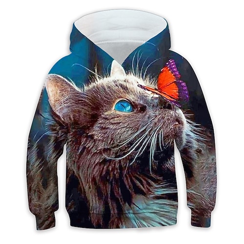 Kinder Mädchen Jungen Kapuzenpullover Pullover Tier Katze Langarm Tasche Kinder Top Lässiger Kapuzenpullover bezaubernd täglich weiß gelb blau Herbst 7–13 Jahre Image