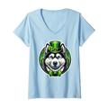 Damen Lustiger Sibirischer Husky Hund St. Patricks Day Irish Pet Lover T-Shirt mit V-Ausschnitt